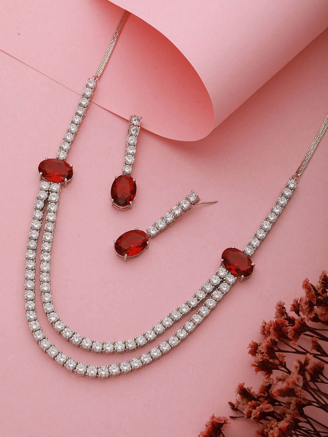 Silver Plated Red AD Studded Double Lined Statement Designer Necklace Jewellery Set